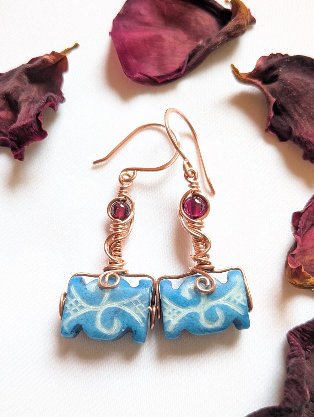 Viking Inspired Earrings Carved Vintage Glass And Garnets In Copper - Picture 14 of 16